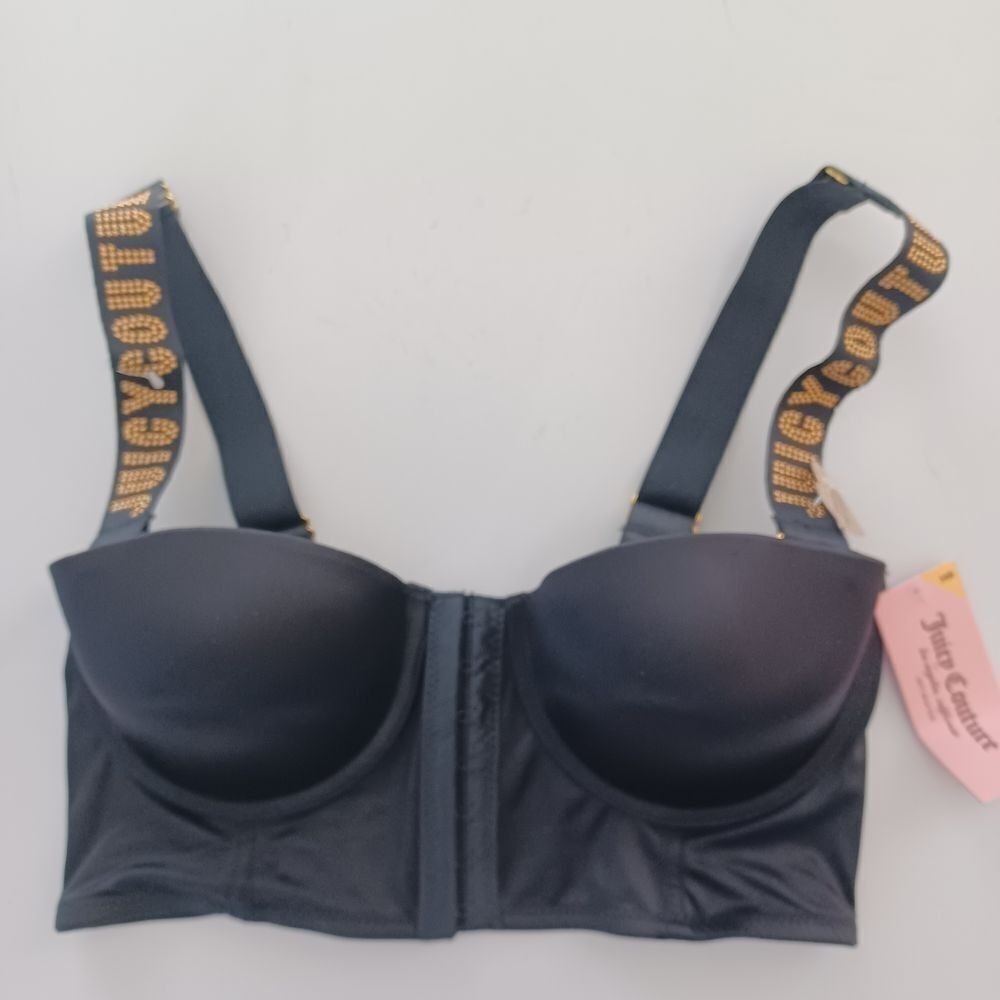 Juicy Couture 34B Balconette Demi Corset Bra‎ Black Satin Gold Studded Logo New